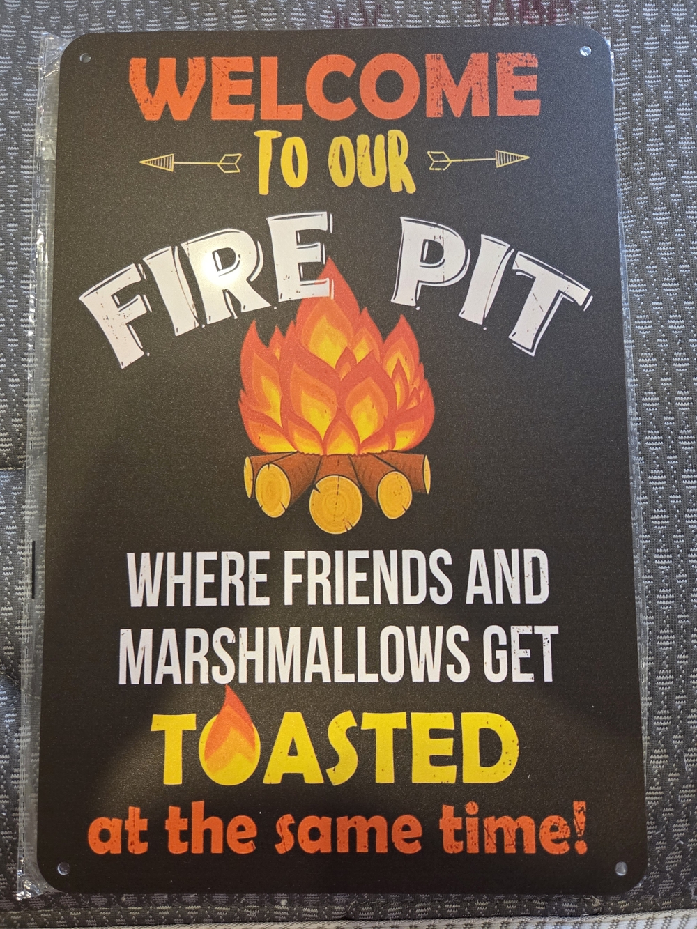 Welcome to Our Fire Pit Metal Sign - Black/Orange/Yellow